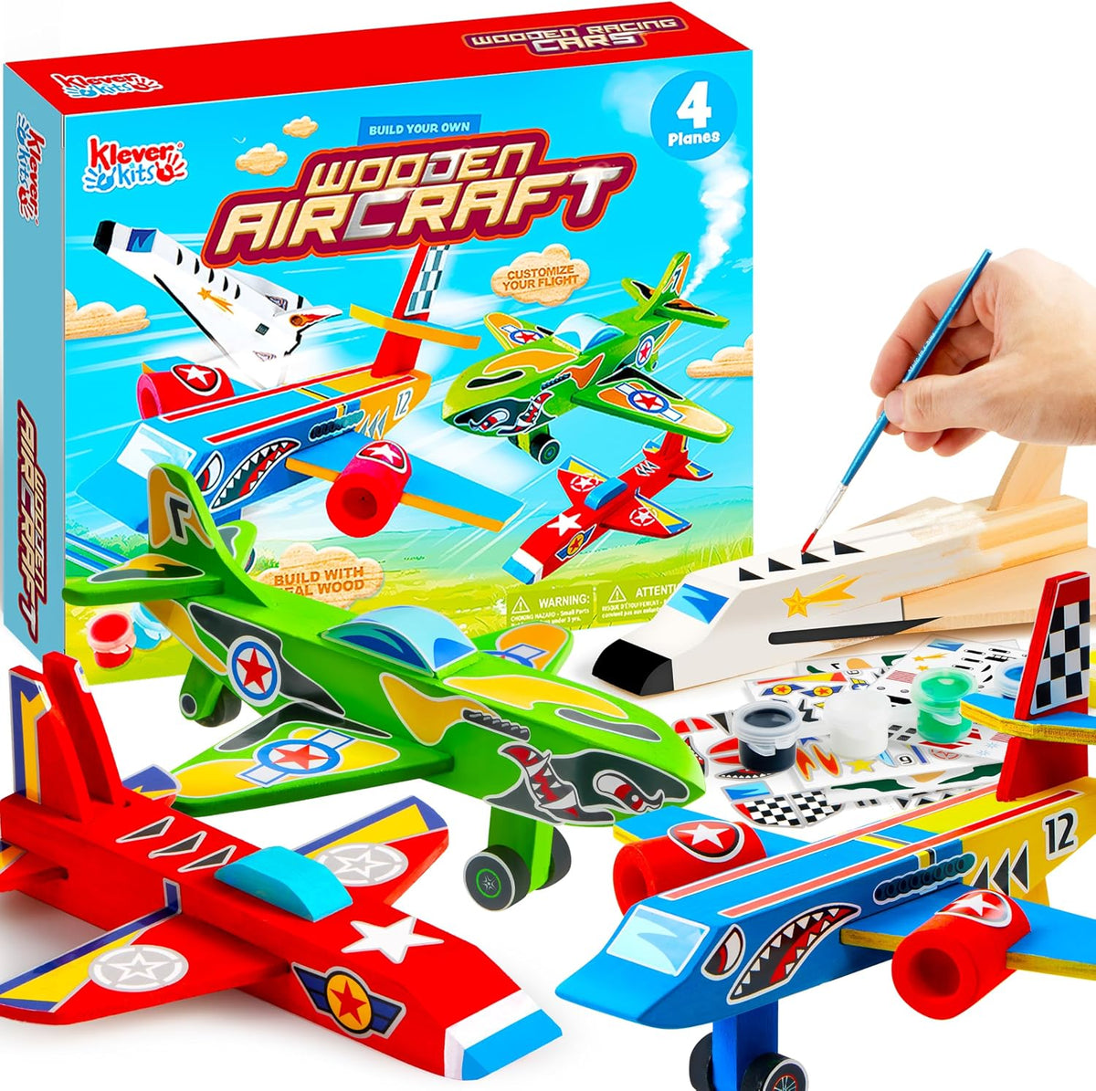 Klever Kits wooden airplane craft kit with space shuttle, jet, passenger plane and military aircraft models