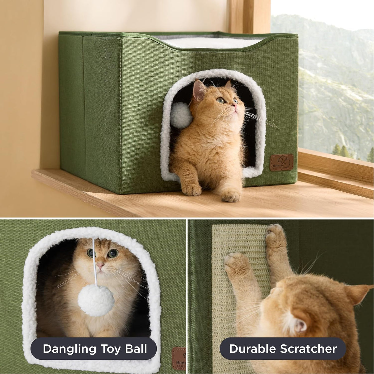 Bedsure Cat House Bed for Indoor Cats with Fluffy Ball and Scratch Pad - Loden Green / Single - image 4