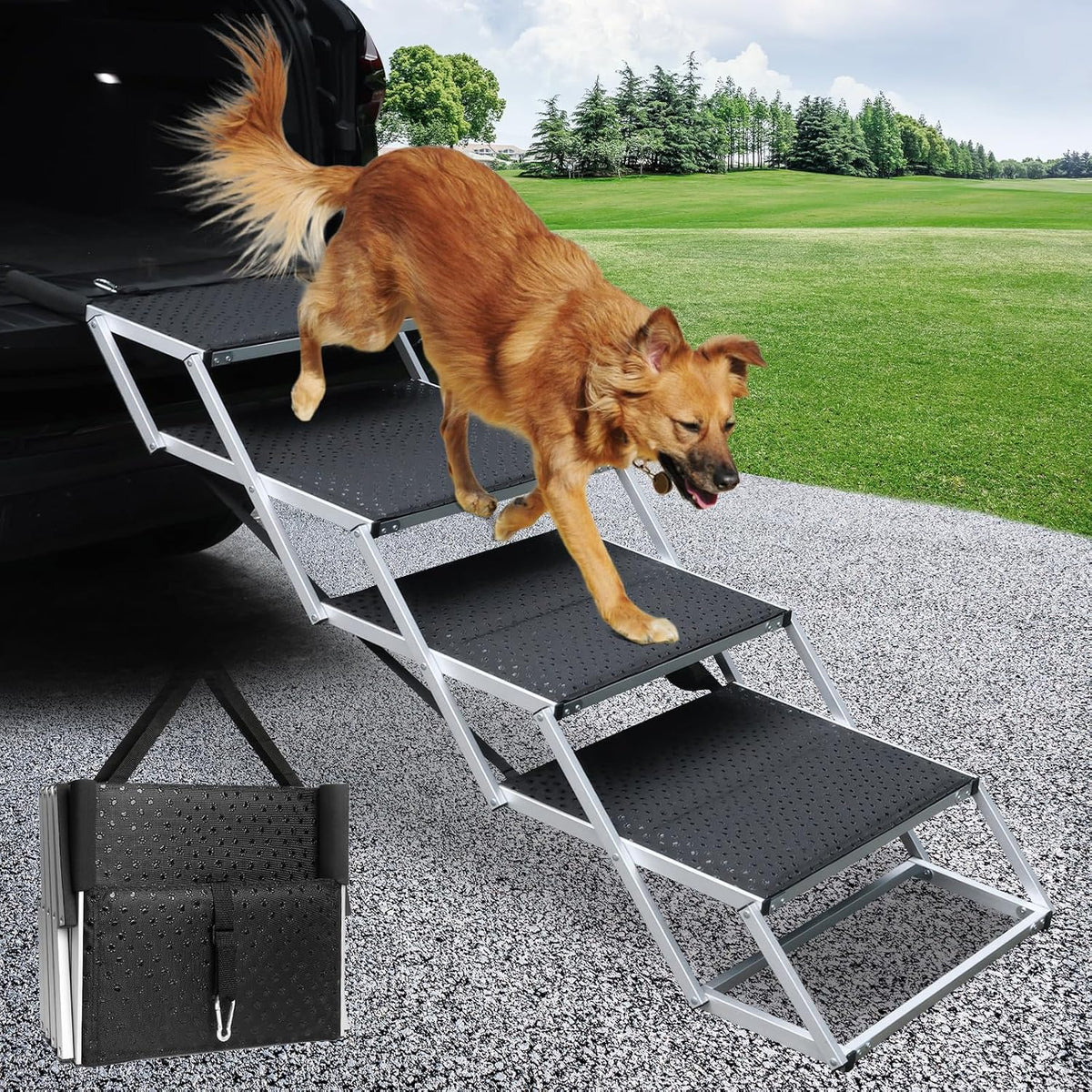 Folding Dog Stairs for Car, 16.9" Wide 4-Step Non-Slip Pet Steps – Essentials for Dogs - Black / 16.9In-4 Steps