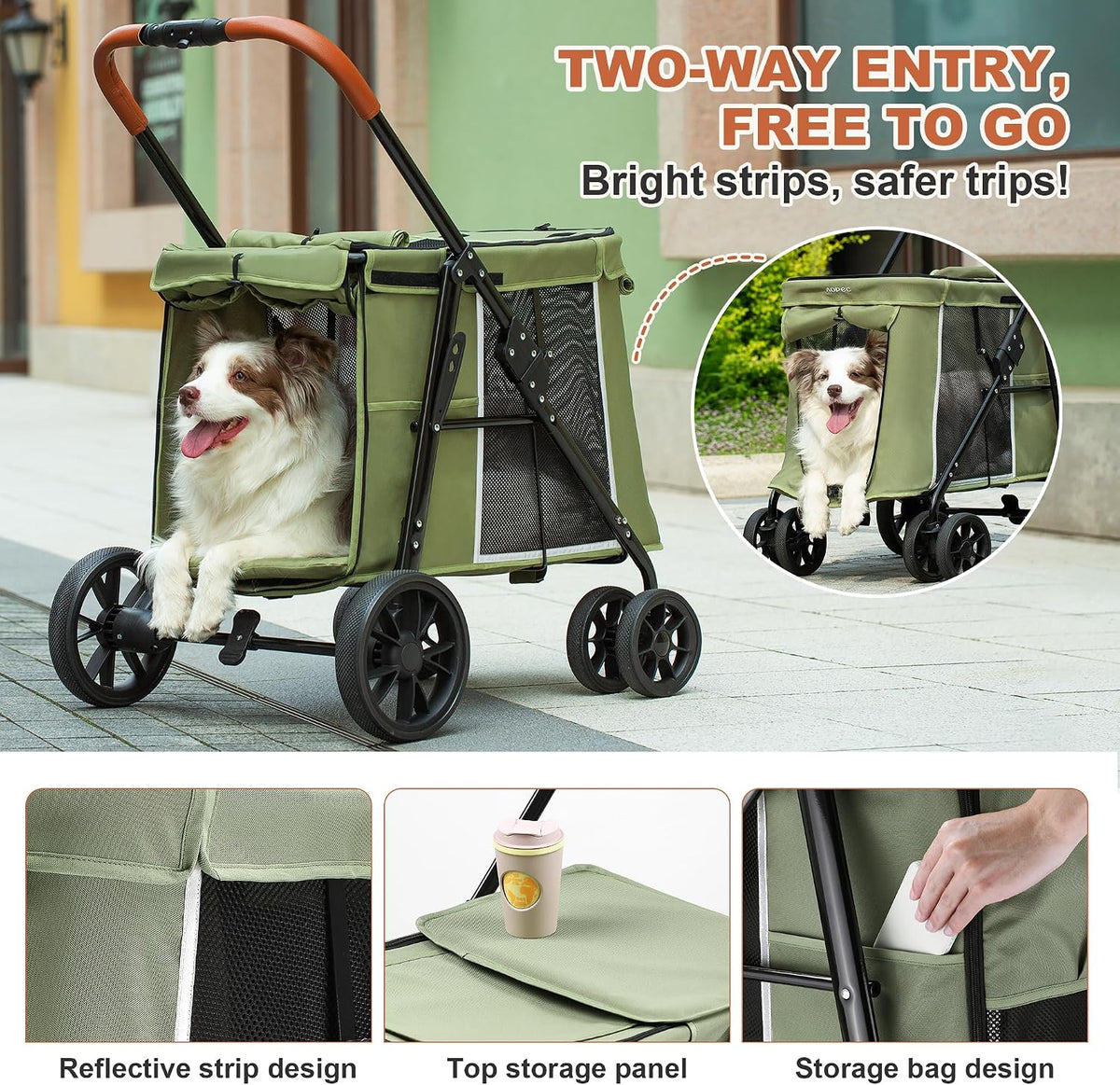 Medium Dog Stroller, Dual Entry One-Touch Folding - Green - image 3