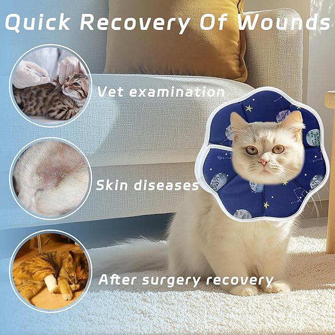 Soft Adjustable Cat Cone Collar, Comfortable Recovery Collar for Cats After Surgery (Blue, Large)