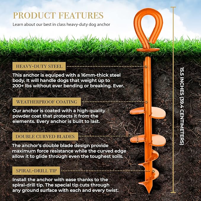 ROYAL-PAW Dog Tie Out Stake - for Large Dogs up to 210 lbs - Heavy Duty Dog Stake for Yard, Beach & Camping Outside - Best in Ground Anchor for a Dog Cable, Leash, Lead Tether (1, Orange)