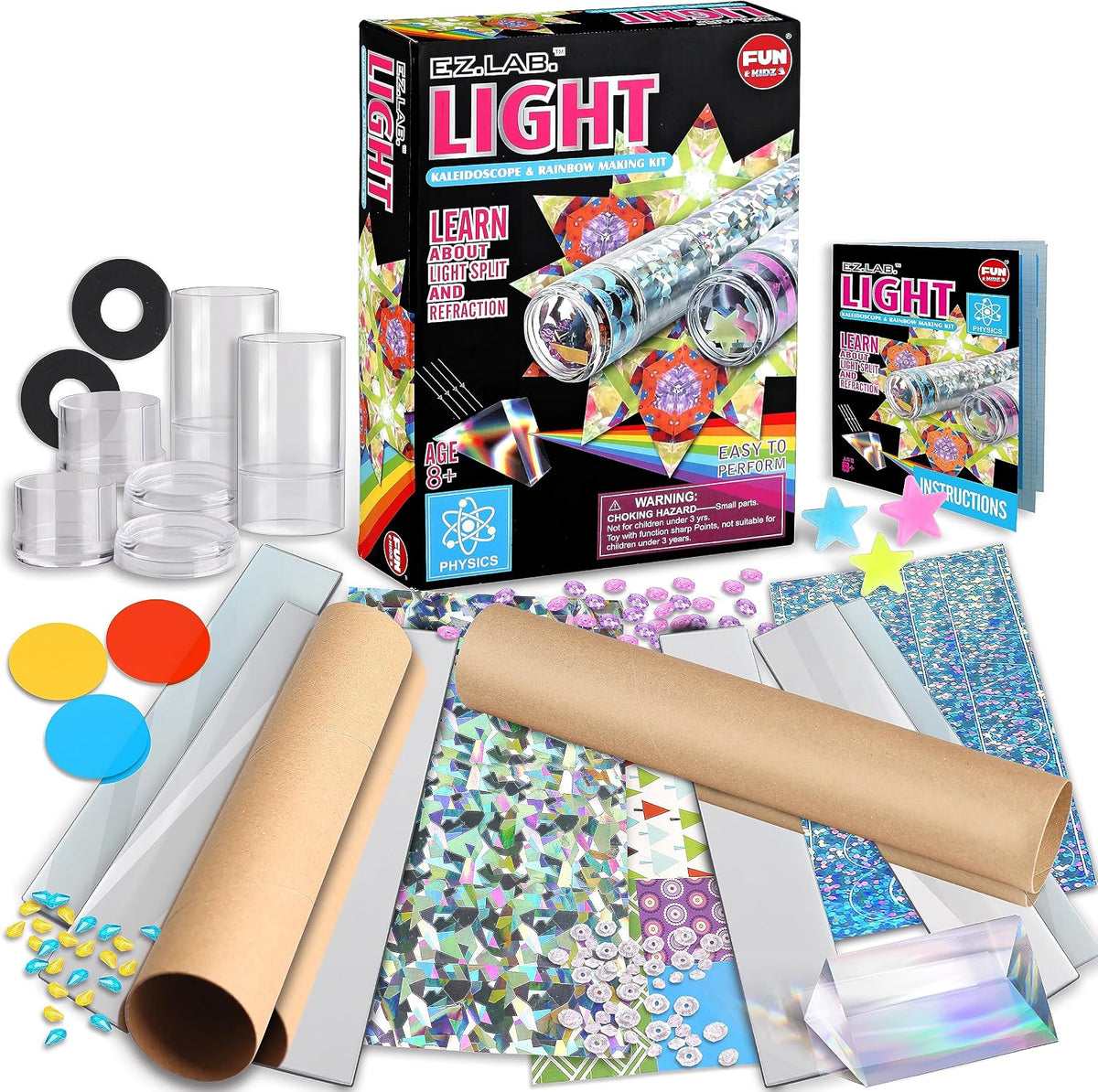 FunKidz Twins kaleidoscope kit for kids with two DIY kaleidoscopes and a glass prism