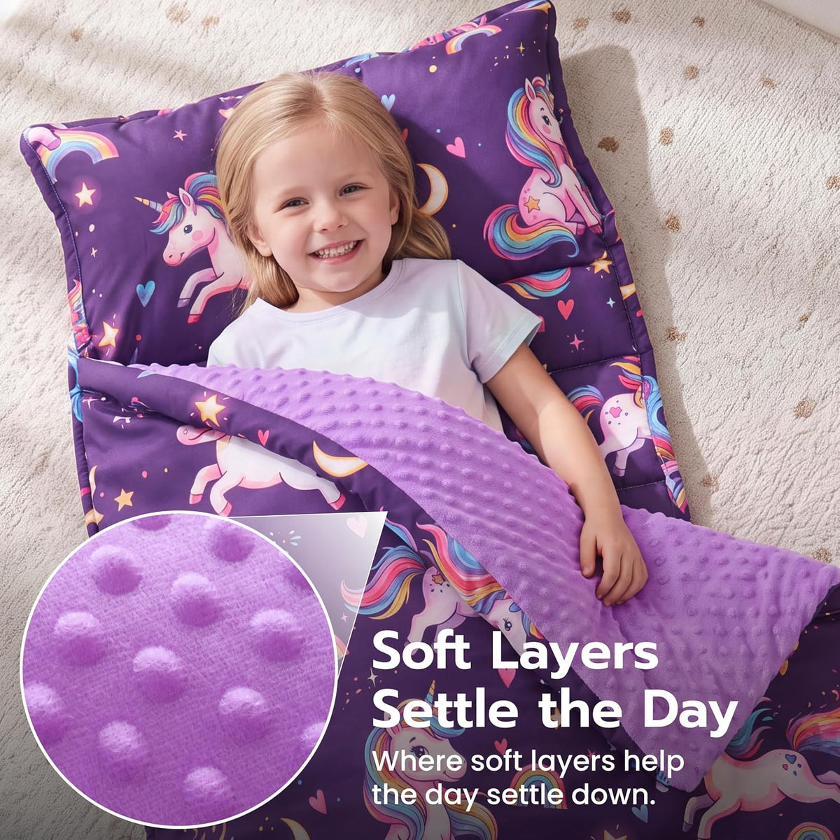 JOIEDOMI Toddler Nap Mat with Removable Pillow and Minky Blanket - Purple Rainbow Unicorn - image 2