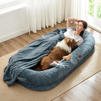 Orthopedic Human Dog Bed, with Faux Fur Washable Cover, Blanket - Bluish Grey / Human Dog Bed (72x40x10)