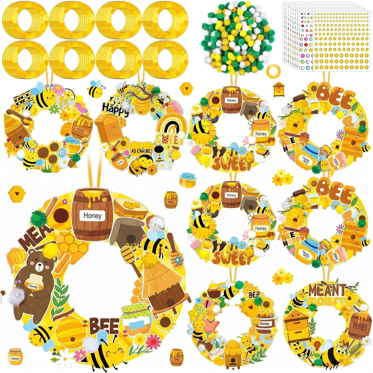 Hollowfly Thanksgiving paper wreath craft kits with gem stickers, ribbons and wool balls - view 8