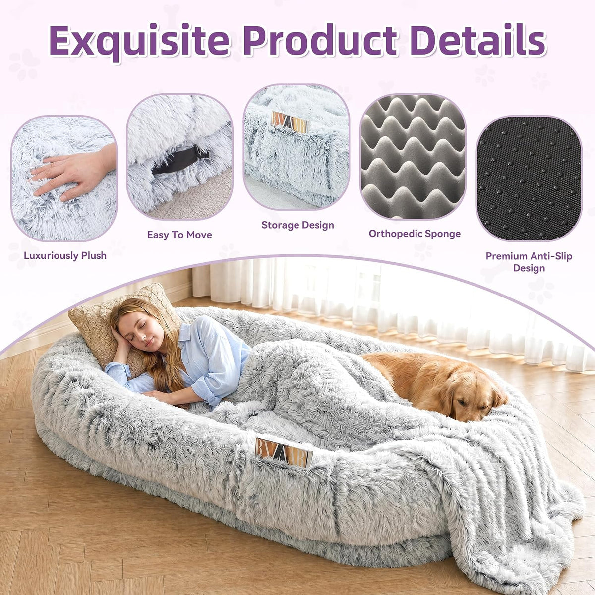 Grey Human Dog Bed, 71''x45''x12'' Size Fits Adult and Pet - Grey - image 3