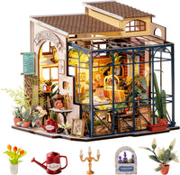 Rolife Greenhouse miniature house kit assembled with plants, wooden furniture and LED light - view 4