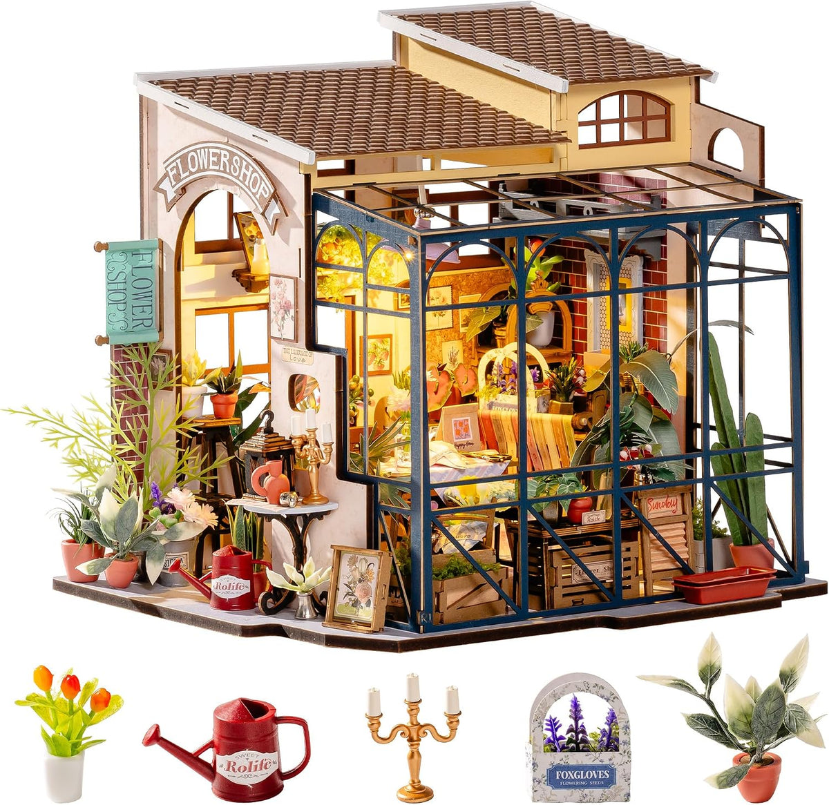 Rolife Greenhouse miniature house kit assembled with plants, wooden furniture and LED light - view 4