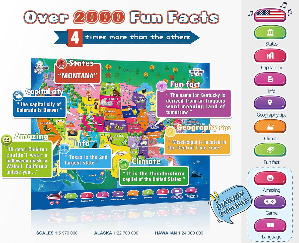 Qiaojoy Bilingual Interactive World Map for Kids Learning Educational - USA Map - image 3