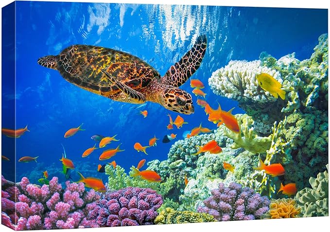 wall26 Canvas Print Wall Art Vibrant Neon Underwater Turtle, Reef & Fish Nature Animals Photography Realism Rustic Scenic Landscape Wilderness Colorful for Living Room, Bedroom, Office - 32"x48"