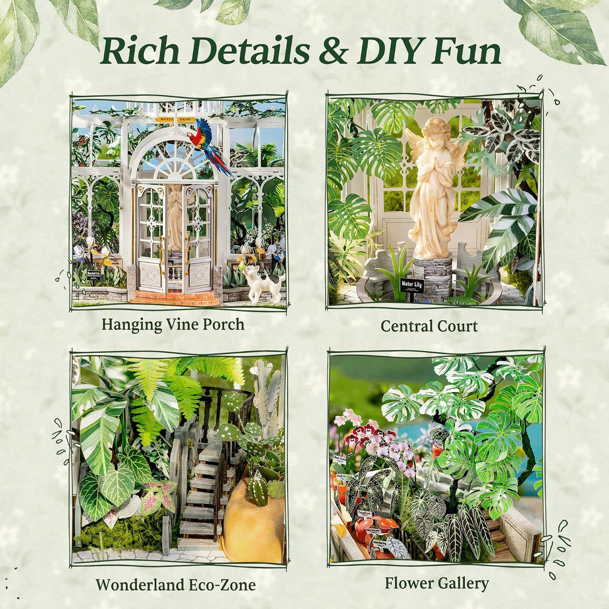 Rolife Greenhouse miniature house kit assembled with plants, wooden furniture and LED light - view 6