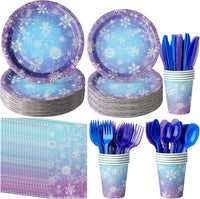 Zachely blue and purple snowflake paper plates, cups, napkins and cutlery set