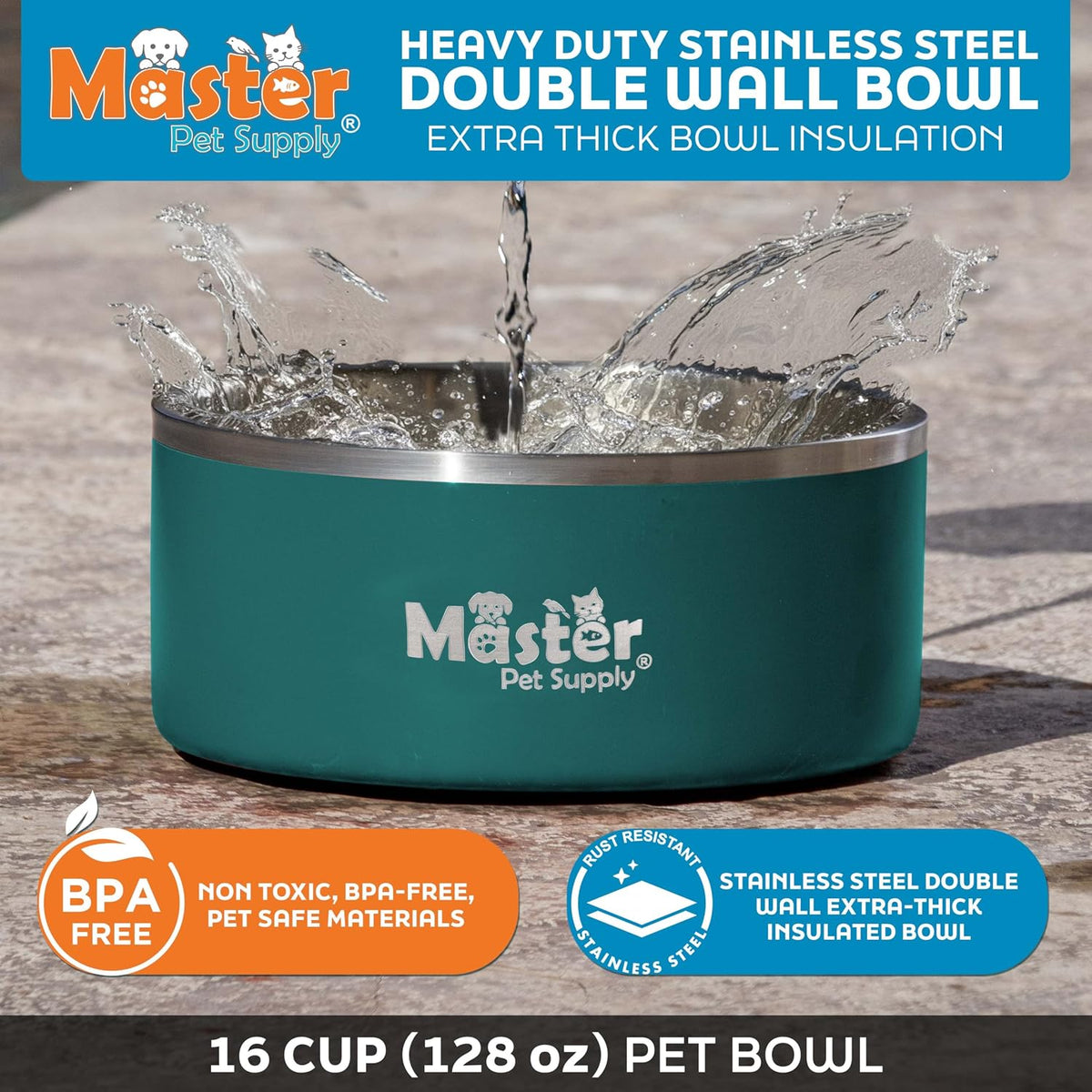 Master Pet Supply Stainless Steel Dog Bowls 128 oz Heavy Duty Aqua Sky – Essentials for Dogs - Emerald Sea / 16 Cups (128 oz) - image 2