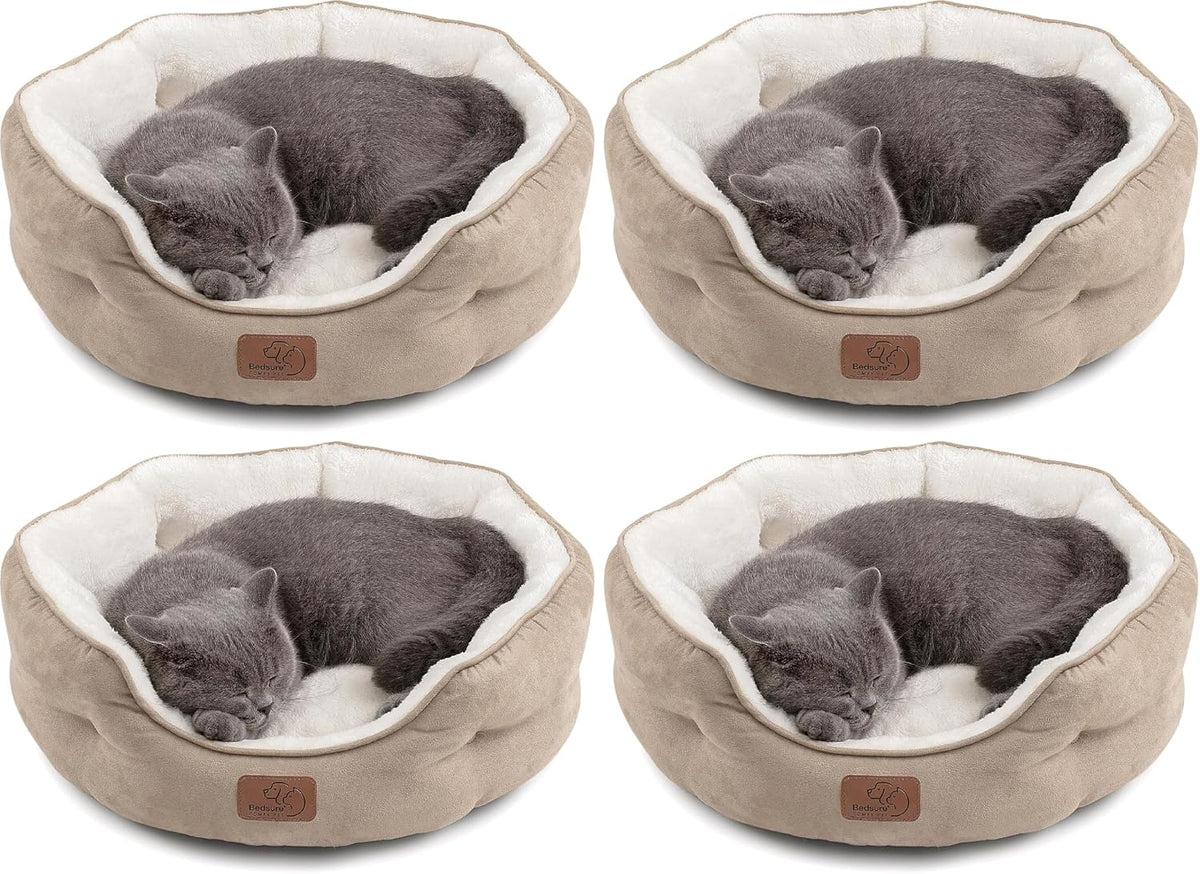 Bedsure Small Dog Bed Washable, Round Cat Beds for Indoor Cats - 20"L x 19"W x 6"Th (Pack of 4) / Camel