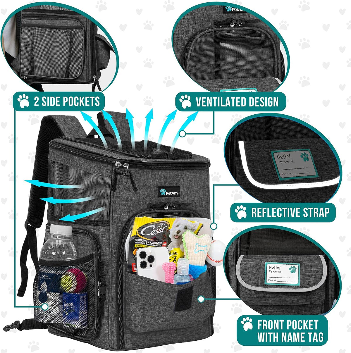 PetAmi Dog Backpack Carrier - Charcoal / 12.5"L x 12.0"W x 16.5"H - image 4