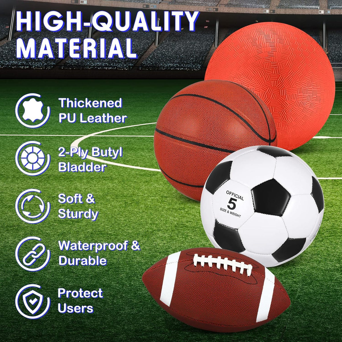 Lenwen sports balls set with basketball, soccer ball, football, playground ball, pump and bag - view 16