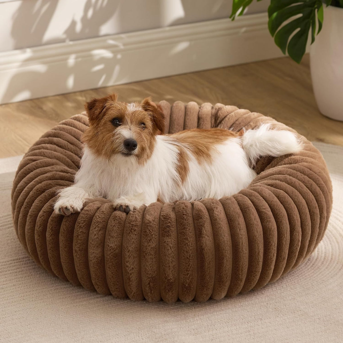 Bedsure ComfyFleece Donut Dog Bed Medium Size Dog with Washable Cover – Essentials for Dogs - S Plus (27x27x8) / Camel Brown