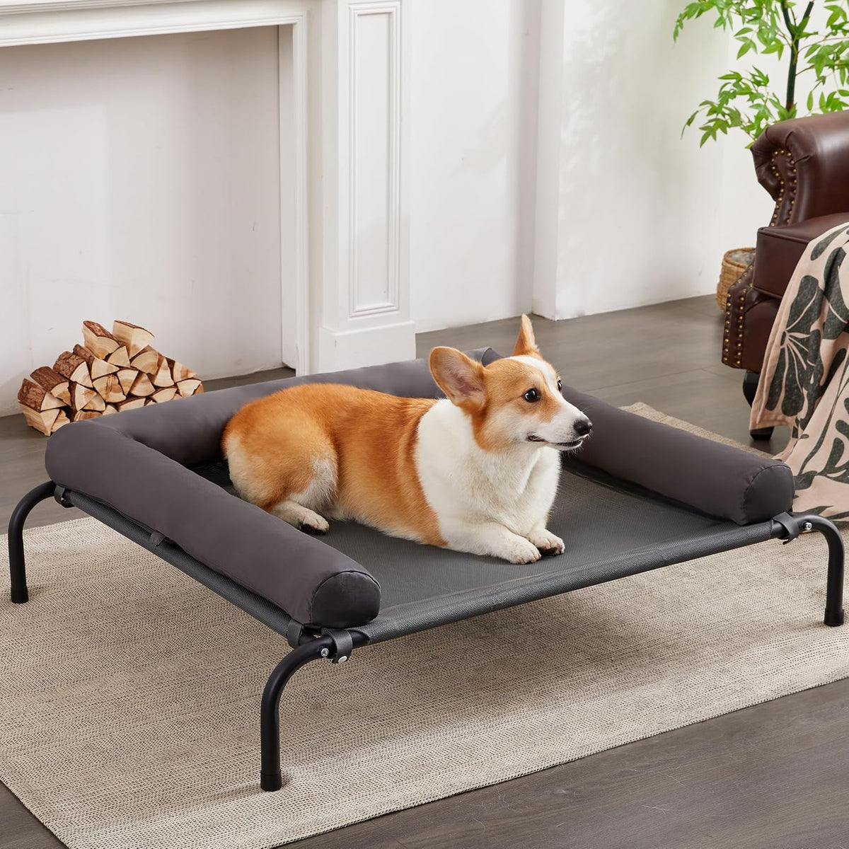 TJSOULER Cooling Elevated Dog Bed with Pillows - M(35x26x8)Inches / Deep Grey