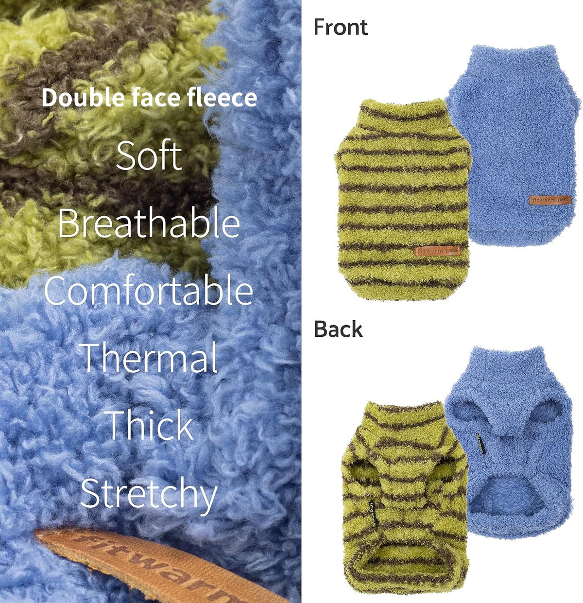 Fitwarm 2 Pack Striped Fleece Dog Sweater - Large / Sky Blue-Olive Green - image 3