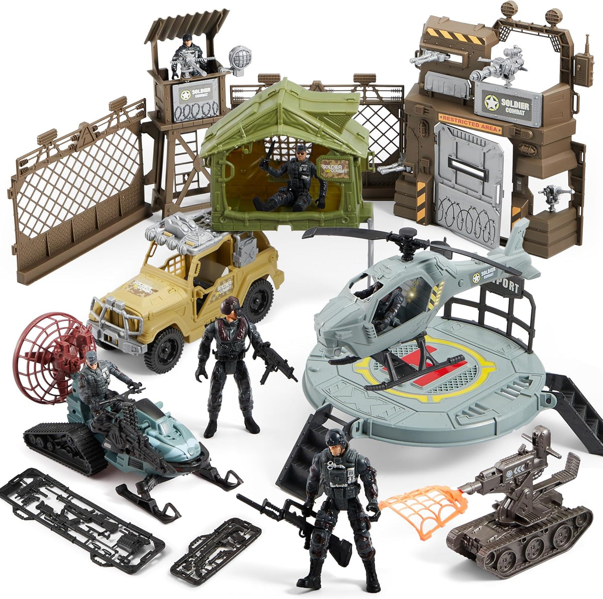 SYNCFUN military toy set with army base watchtower, helicopter, truck, boat and soldier figures