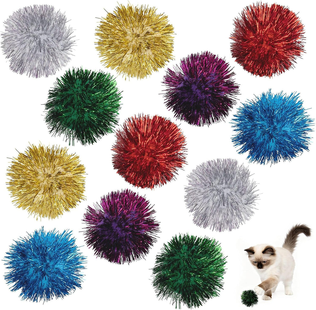 AUEAR, 12 Pack 2 Inch Sparkle Ball Shiny Glitter Tinsel Pom Poms Interactive Cat Balls for Kittens - 6 Colors / 2 Inch-12 Pack