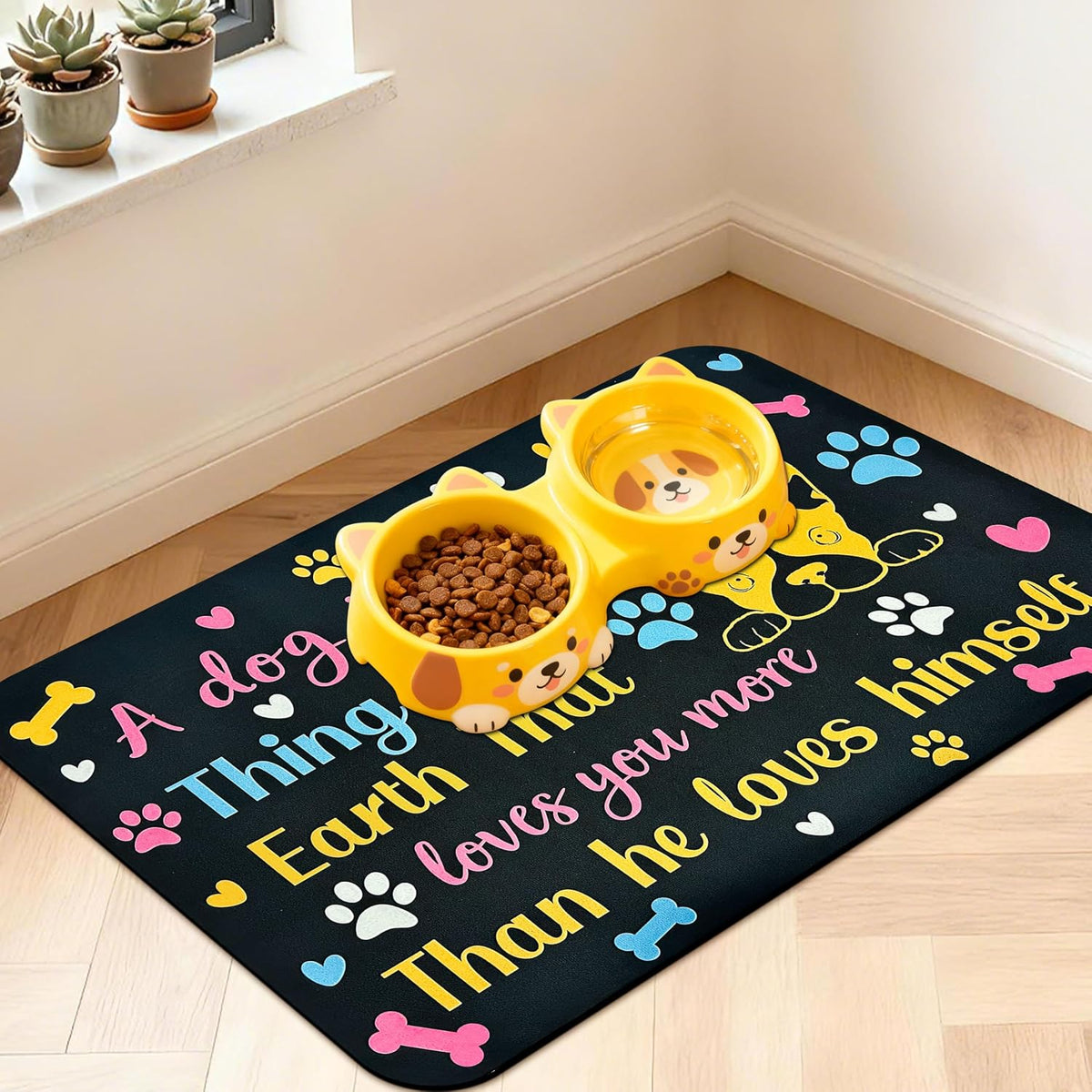 Pet Feeding Mat for Floors Cat Food Mat Waterproof Dog Food Mat - 24"L x 16"W / Black