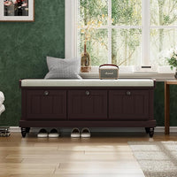 Classic Shoe Storage Bench with Cushion and Three Drawers, Fluted Entryway Bench with Storage for Entryway, Living Room, Hallways 44.0" L x 15.9" W x 18.9" H Espresso