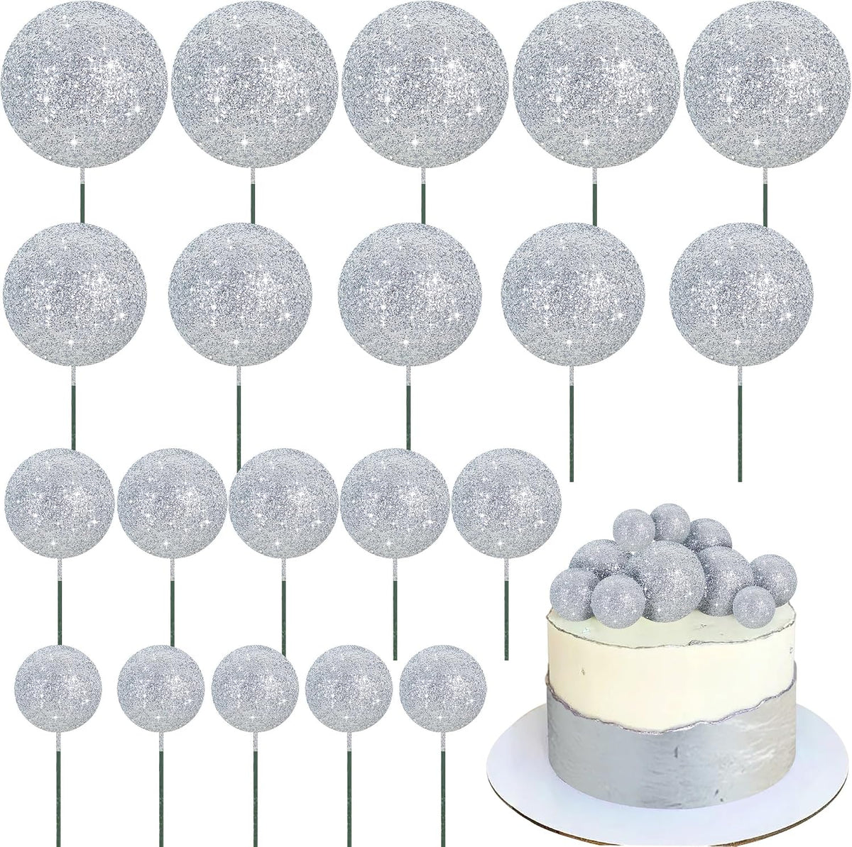 BEISHIDA 20 PCS Gold Mini Ball Cake Toppers Foam Cake Balls - Glitter-silver