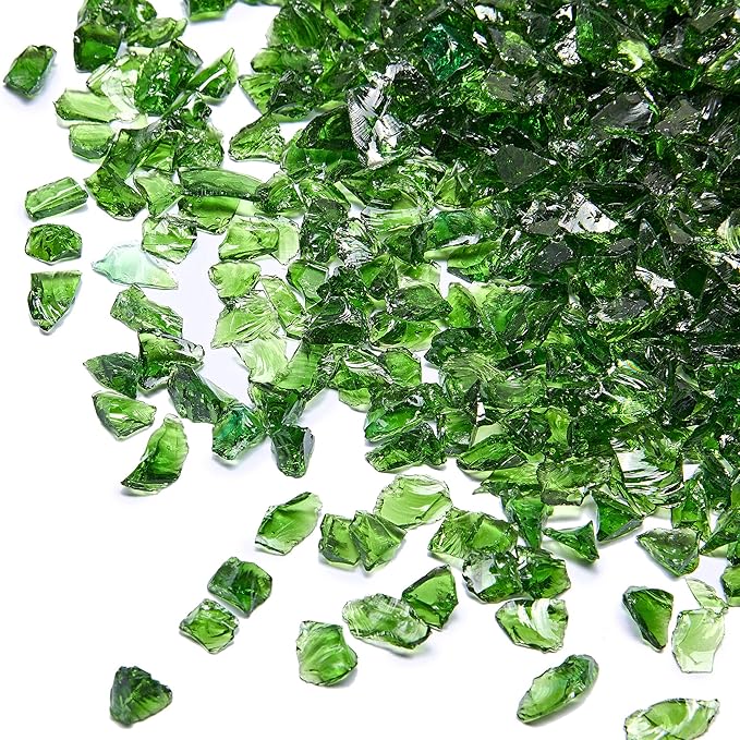 TWINKLING High Luster Fire Glass Gravel Stone Glitter,Broken Glass,Fire Gems Chips,Crushed Glass for Fire Pit Crafts Resin Art Aquarium Garden Decoration,3-6mm,1-Pound Jar (Dark Green)