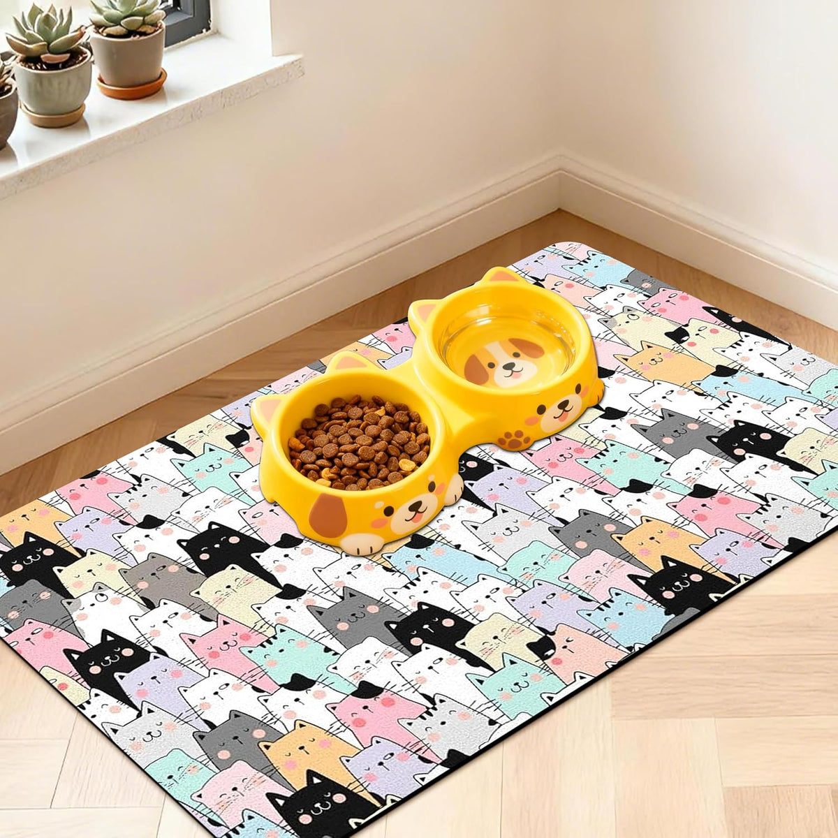 Pet Feeding Mat for Floors Cat Food Mat Waterproof Dog Food Mat - 20"L x 12"W / ColorfulCat