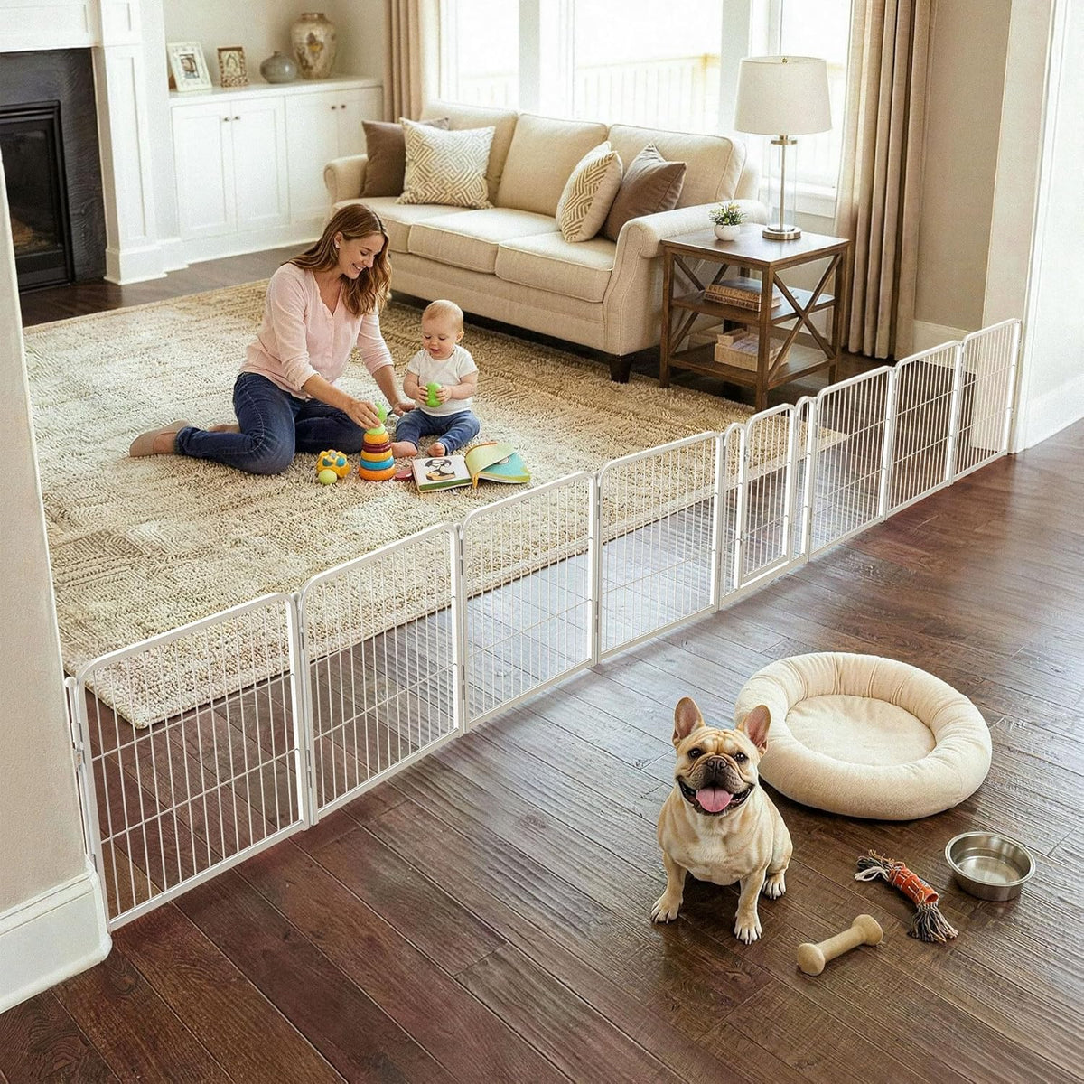 FXW Dog Gate, Extra Wide Adjustable for Openings Up to 219" - White / Up to 183" W【7 Panels + 1 Door】 / 24"H