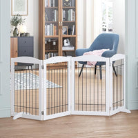 Spirich Free Standing Foldable Wire Pet Gate for Dogs, 80 inches Extra Wide, 30 inches Tall 4 Panels Dog Gate for the House, Doorway, Stairs, Pet Puppy Safety Fence,Set of Support Feet Included, White