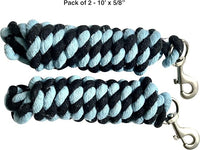 Majestic Ally Pack of 2 Solid Cotton Lead Rope for Horses & Livestock – 10 Foot Long and 5/8 inch Thick - Replaceable Heavy-Duty Satin Bolt Snap – Handmade – Soft, Broken in Feel (Sky Blue - Black)