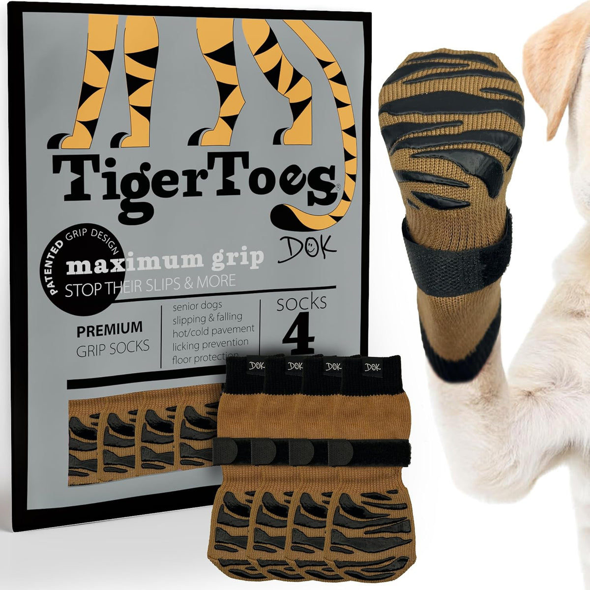 DOK TigerToes Premium Non-Slip Dog Socks for Hardwood Floors - Cool Caramel / Large