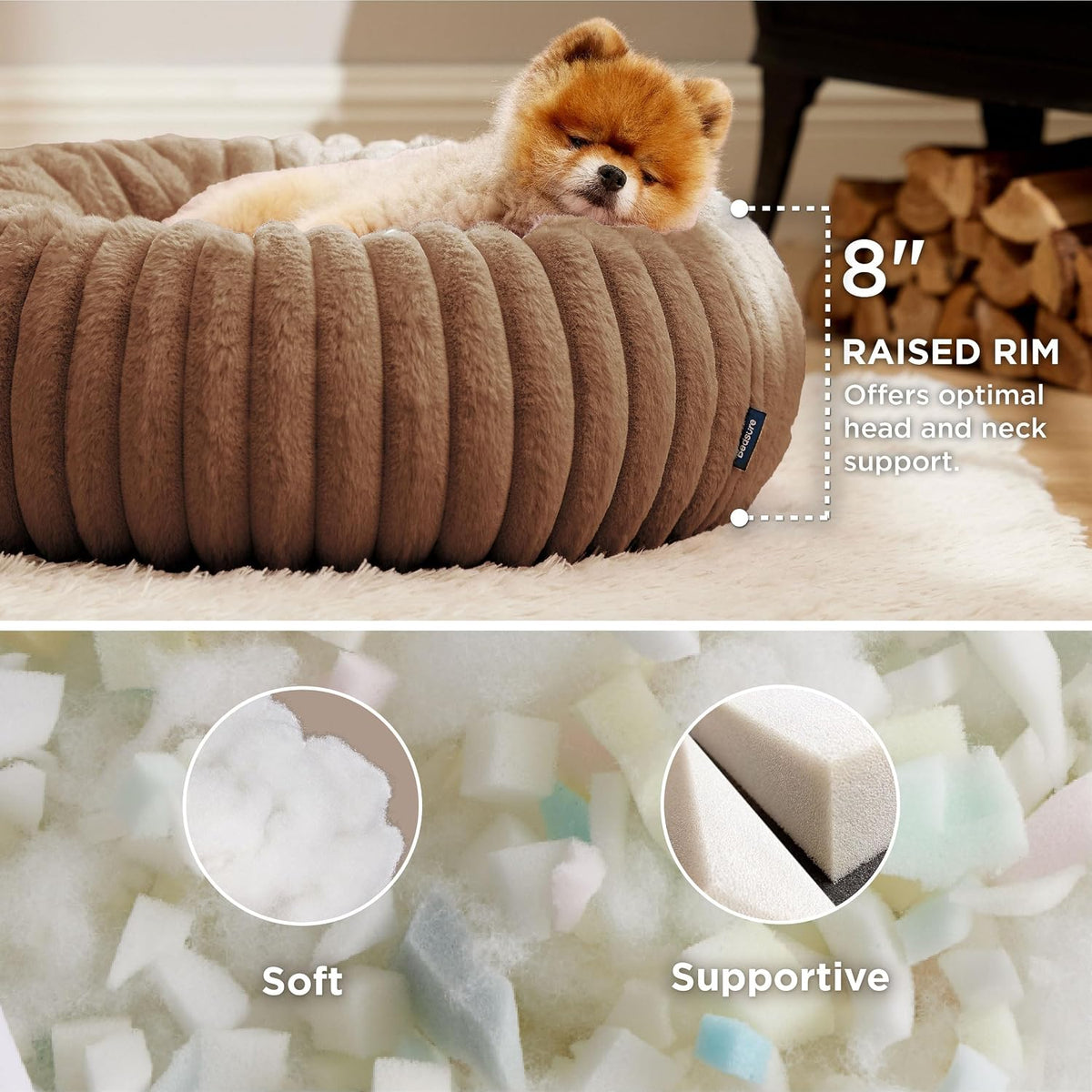 Bedsure ComfyFleece Donut Dog Bed Medium Size Dog with Washable Cover – Essentials for Dogs - S (23x23x7) / Camel Brown - image 2