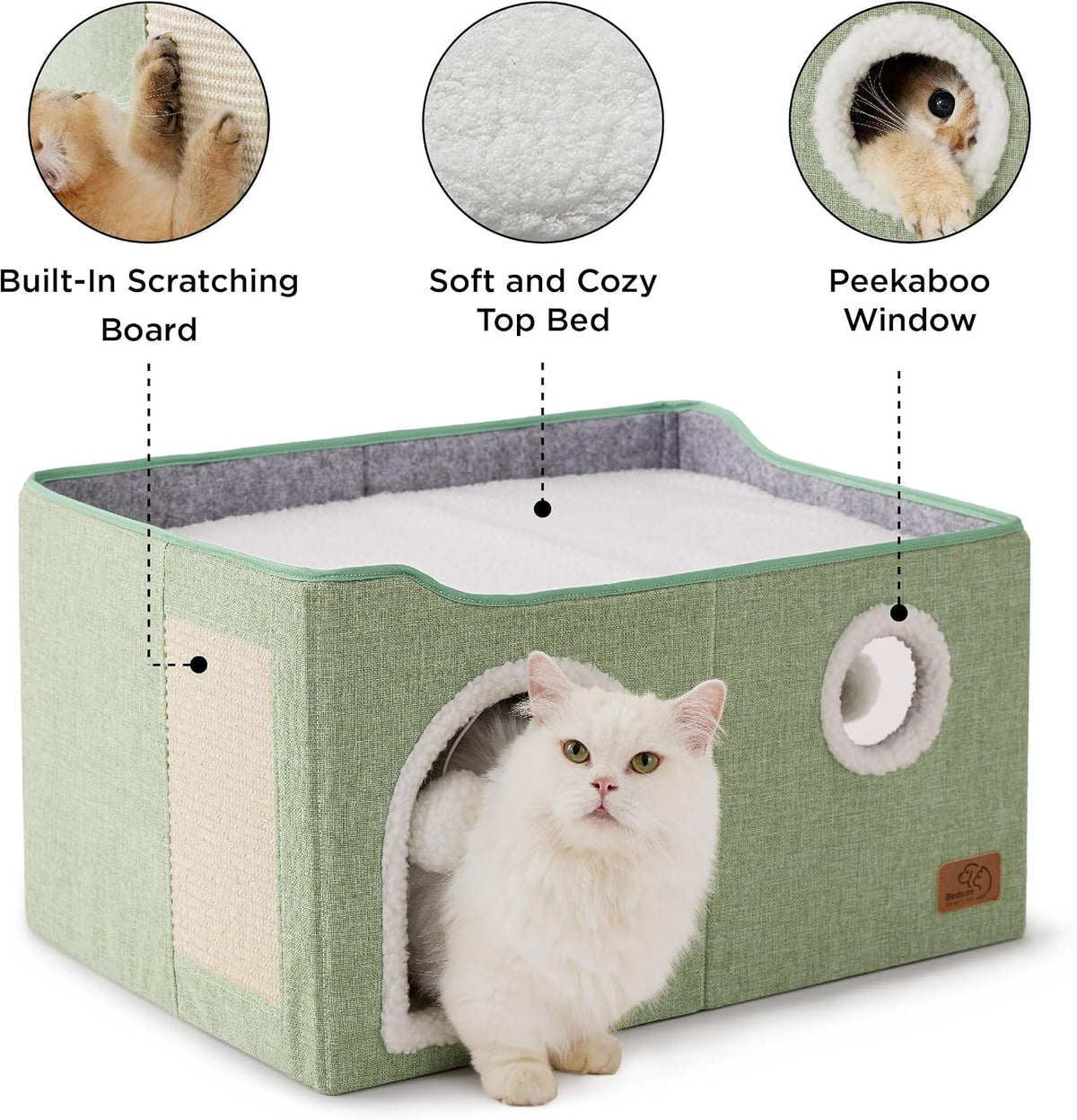 Bedsure Cat House Bed for Indoor Cats with Fluffy Ball and Scratch Pad - Green / Widen - image 4
