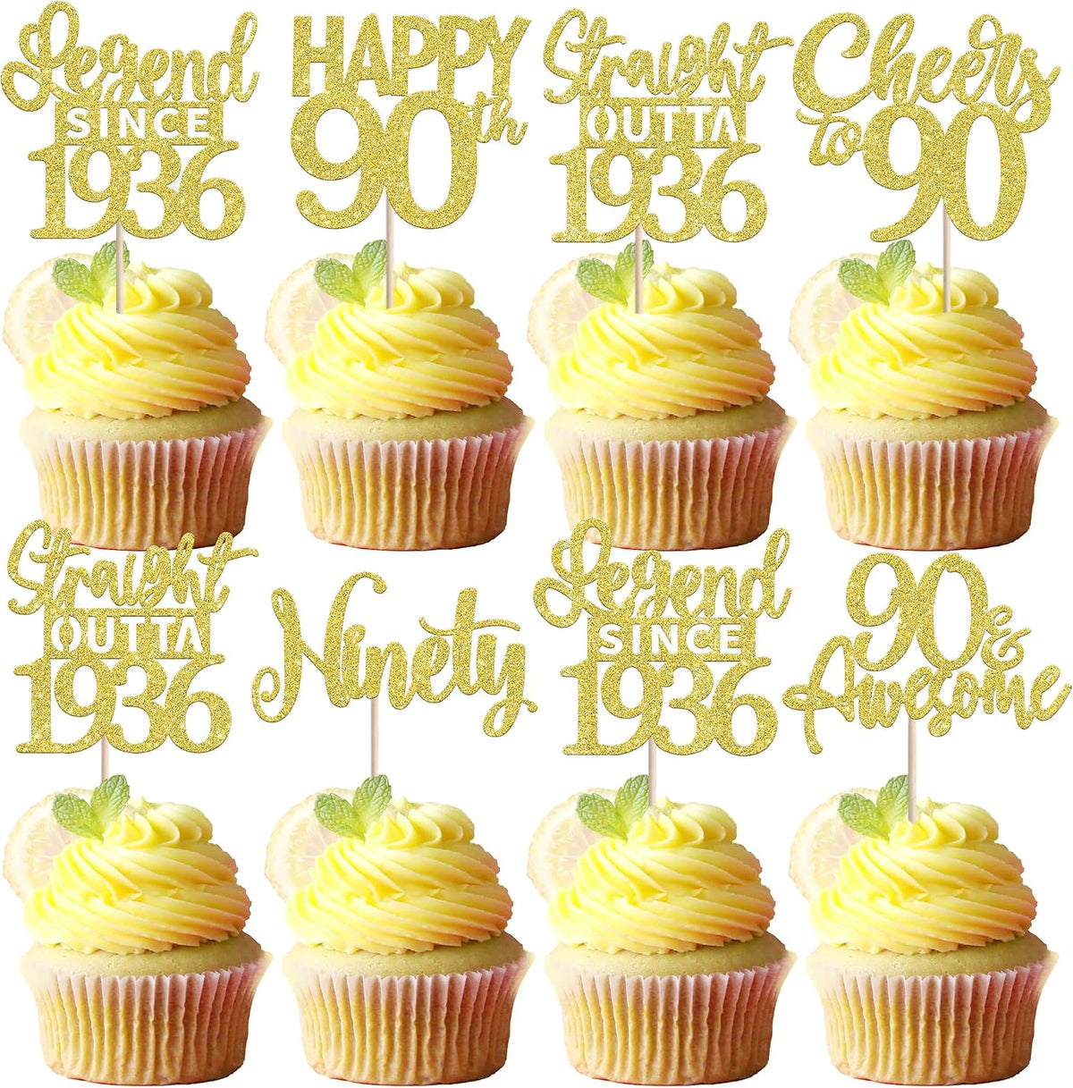 24PCS Black Happy 50th Birthday Cupcake Toppers Fifty Straight Outta - Gold / 90th