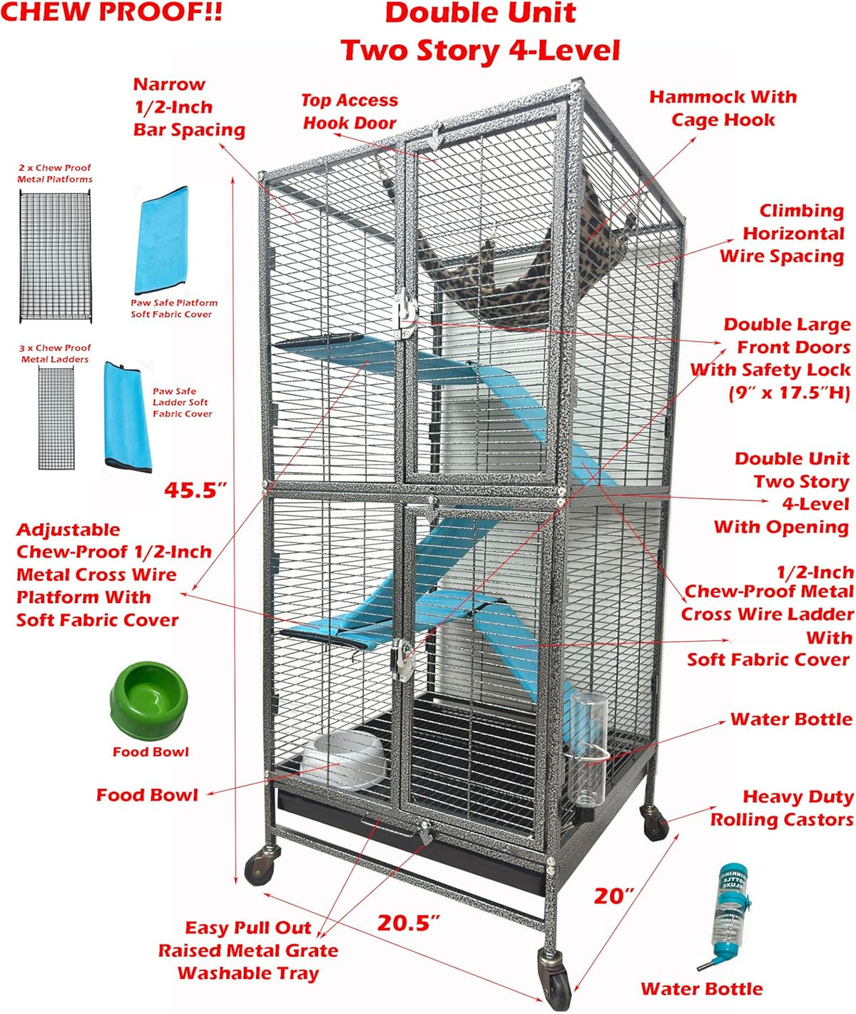 Deluxe Double Unit Two Full Story Small Animal Critter Home Rolling - Black Vein / 4 / 20.5"L x 20.0"W x 45.5"H - image 3
