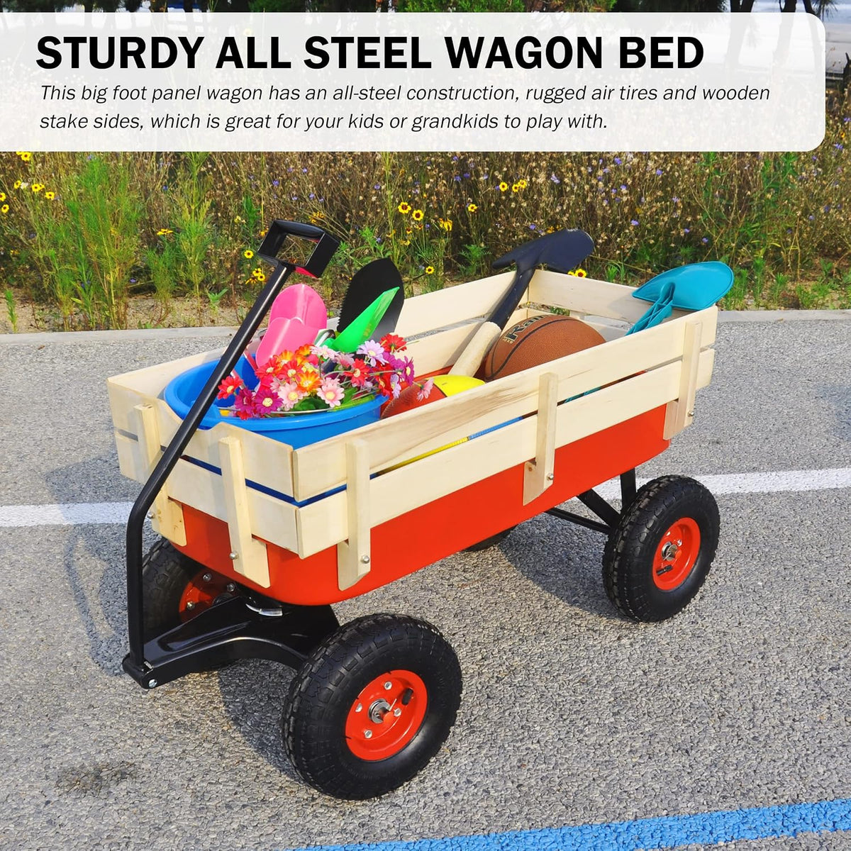 Sanch Ancha red steel and wood utility wagon with 10 inch air tires - view 6