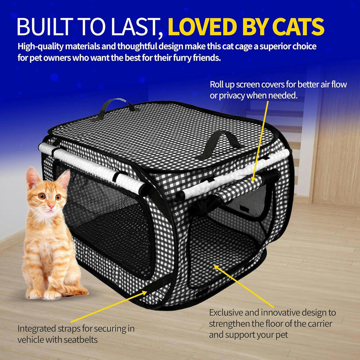 Extra Large Cat Carrier for Travel, Blue Checkers - Black - image 3