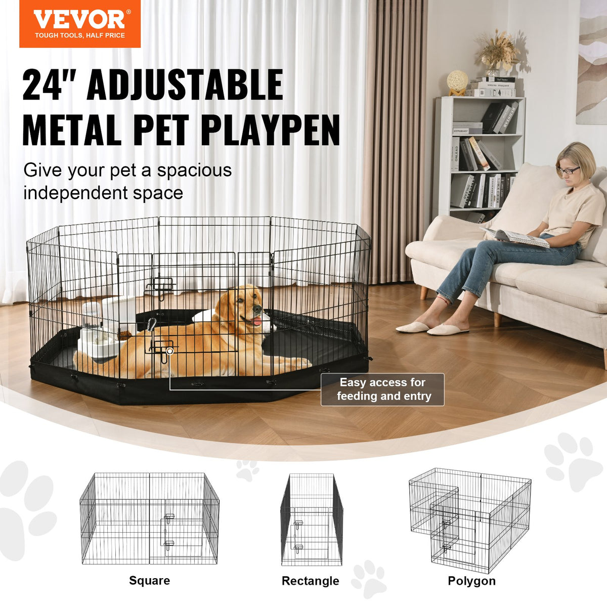 Dog Playpen, 8 Panels Foldable Metal Dog Exercise Pen With Bottom Pad, 24' H Pet Fence Puppy Crate Kennel With Ground St