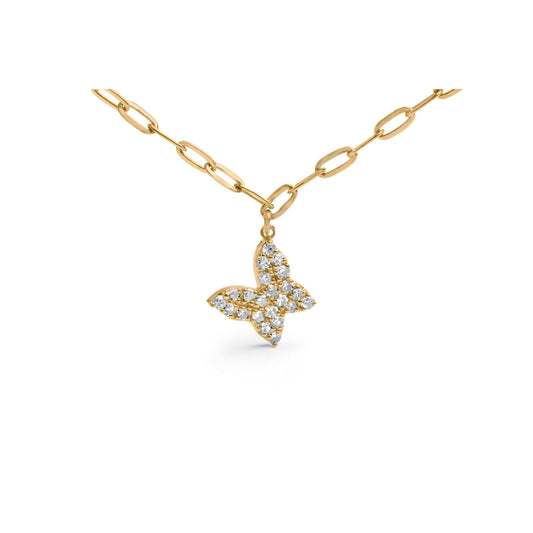 14KT Yellow Gold 1/2 Cttw Diamond Butterfly Station Paperclip Station Necklace (I-J Color, I1-I2 Clarity) - Adjustable 15"-17" Inches