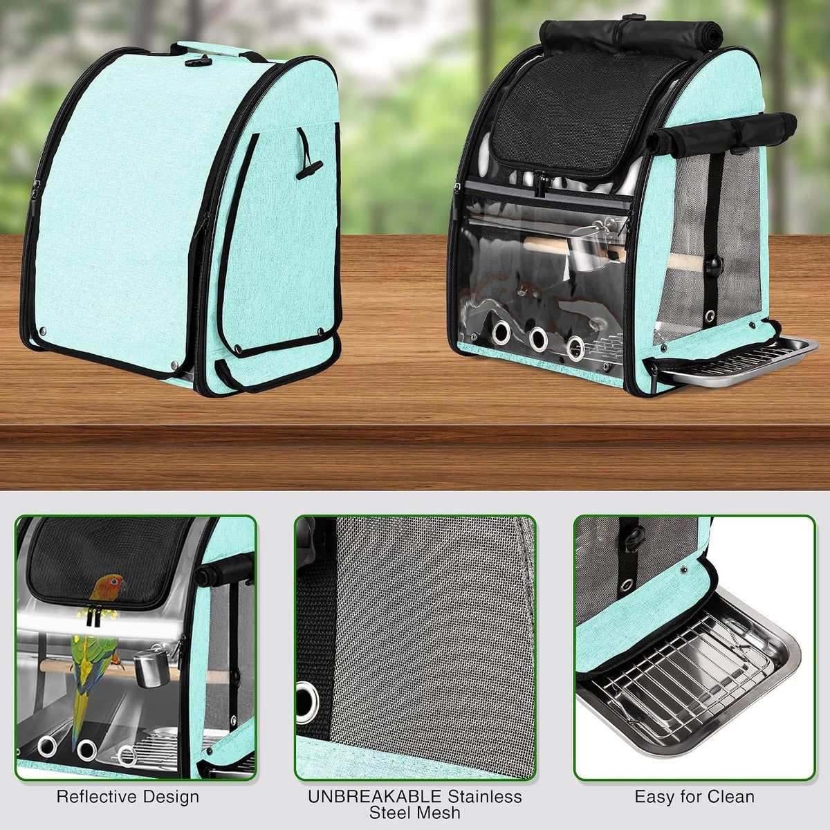 Bird Carrier Bag with Indestructible Stainless Steel Mesh - Green - image 4