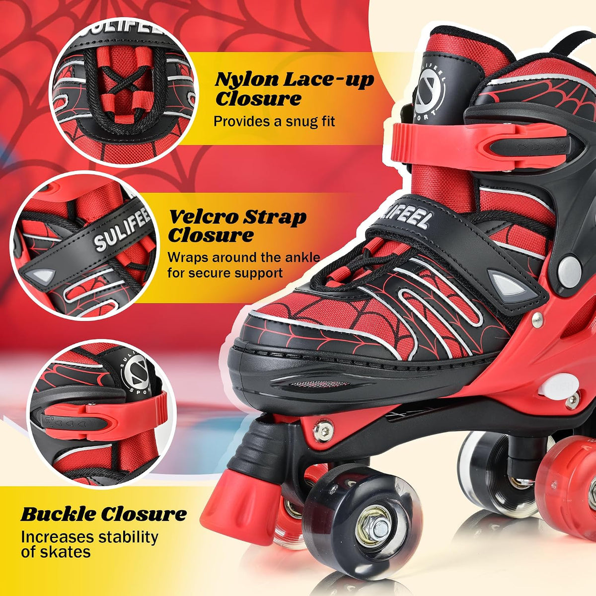 SULIFEEL Adjustable Kids Roller Skates, Light up Wheels – Fun for Kids & Family - A Spider Red / Large - Youth - image 3