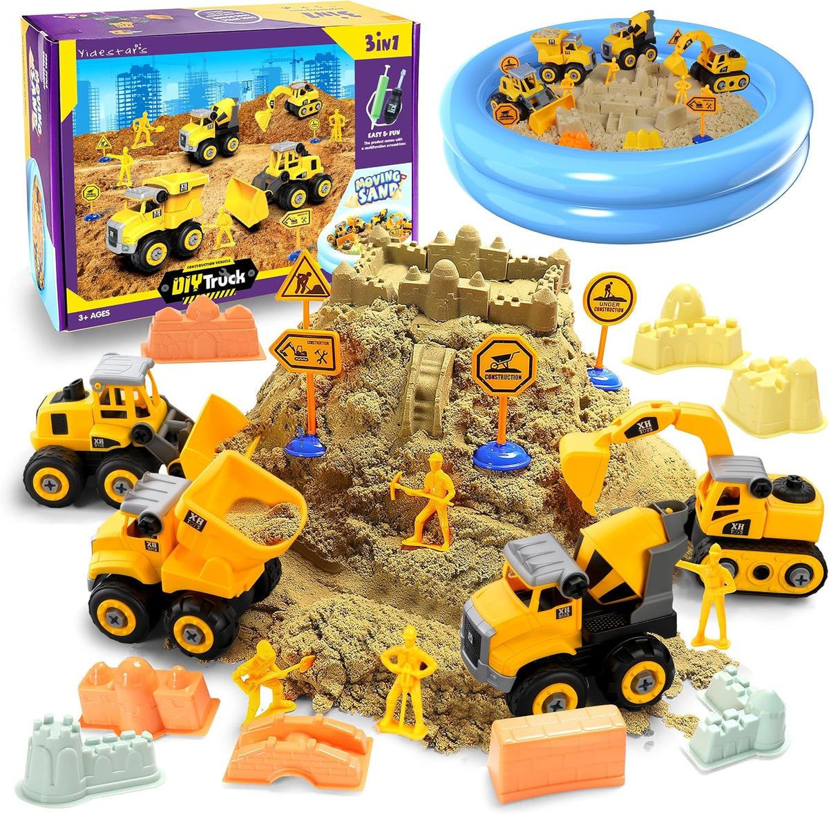YIDESTARS Construction Sensory Bin Large Take Apart Trucks