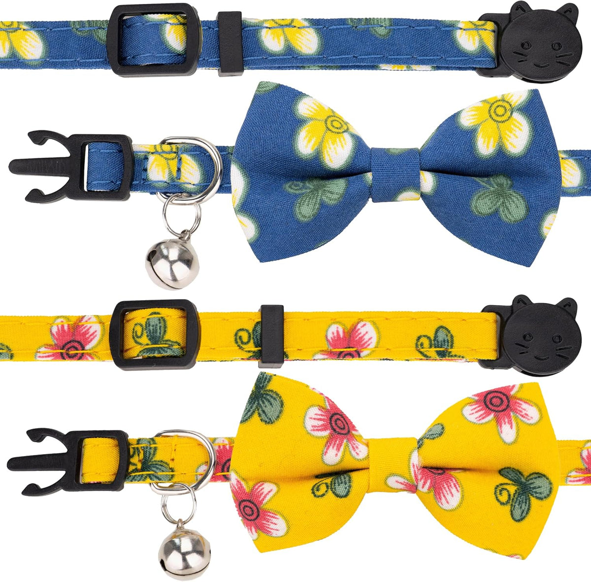 Collar for Cat Pet Breakaway with Bell Bowtie Detachable Bow - Flower-Blue & Yellow - image 2