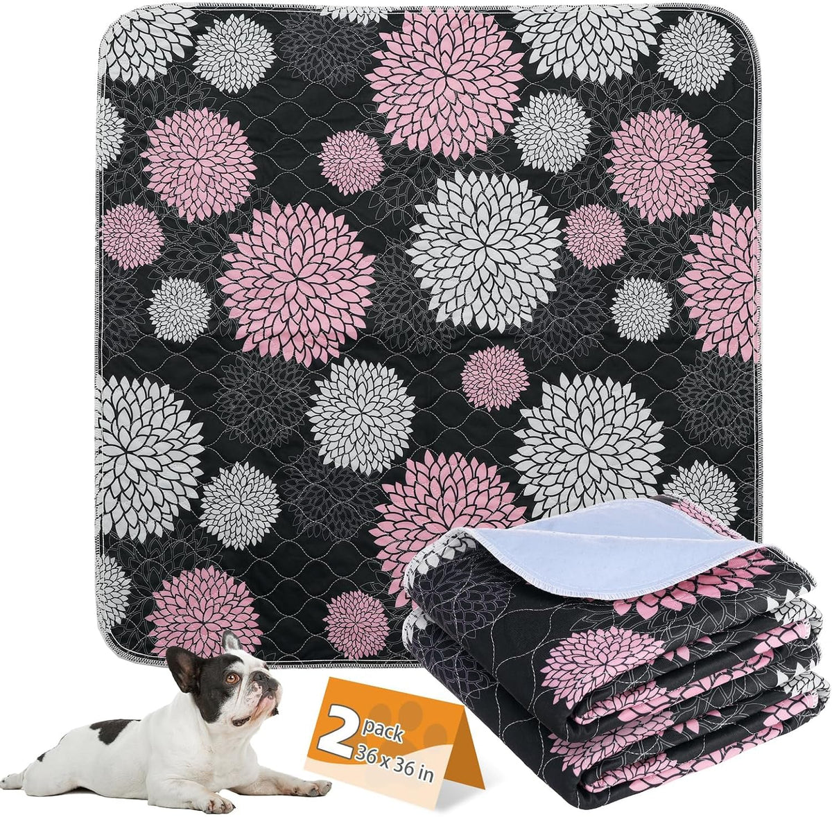 Washable Pee Pads for Dogs, Nonslip and Leak-Proof Dog Pee Pads - Flower Black / 36" x 36" (2 Pack)