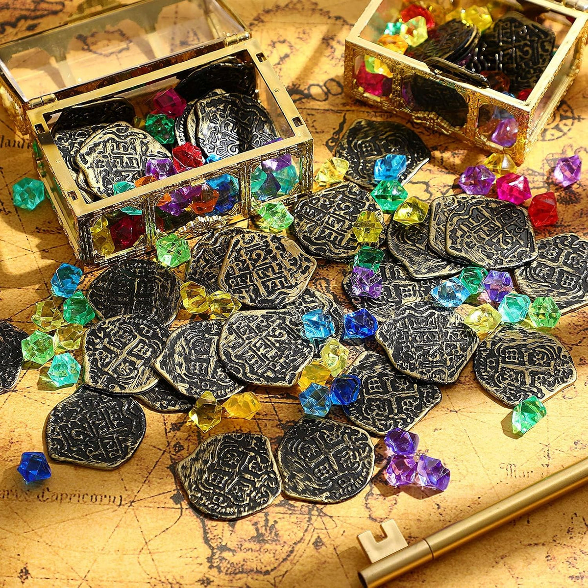 Hanaive 150 Pcs Plastic Pirate Gold Coins Fake Gems Set - Bronze / Novel Style - image 4