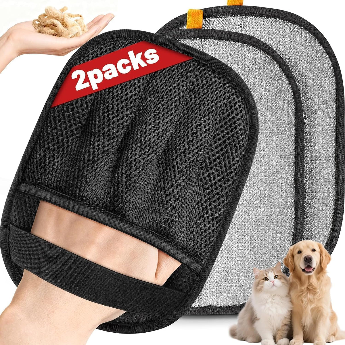 SmartTrends black pet hair removal glove, 2 pack with five-finger grip, reusable